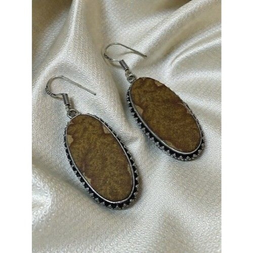 NWOB Boho Handmade Psilomelane Dendritic Stone Earrings 925 Sterling Silver Oval